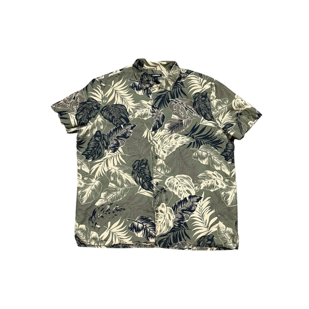 Express Tropical Leaf Print Linen Cotton Short Sleeve Button Down Shirt Men's XL